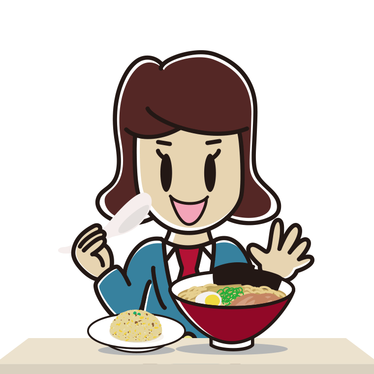 ラーメン・半チャーハンを食べる女子高校生のイラスト【色あり、背景なし】透過PNG