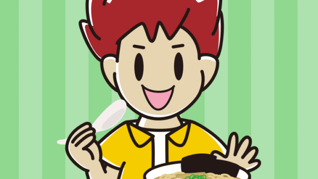 ラーメン・半チャーハンを食べる男子大学生のイラスト【色、背景あり】PNG