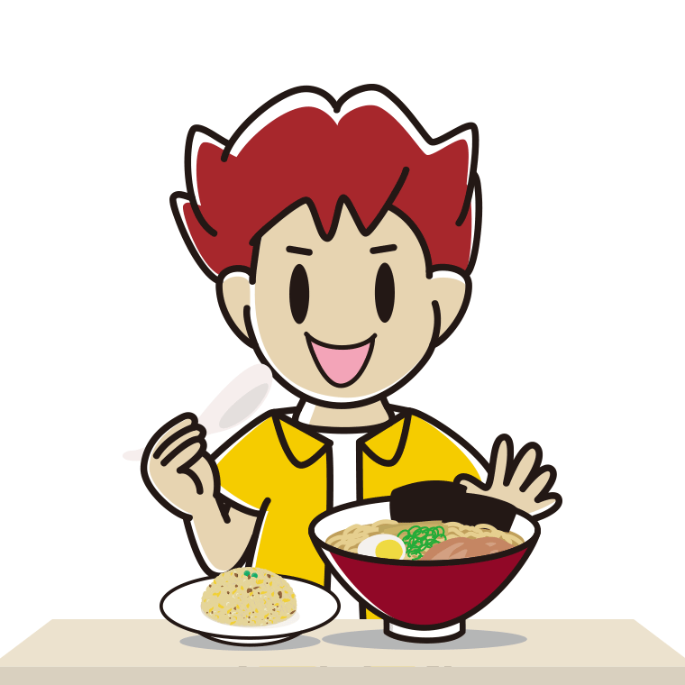 ラーメン・半チャーハンを食べる男子大学生のイラスト【色あり、背景なし】透過PNG