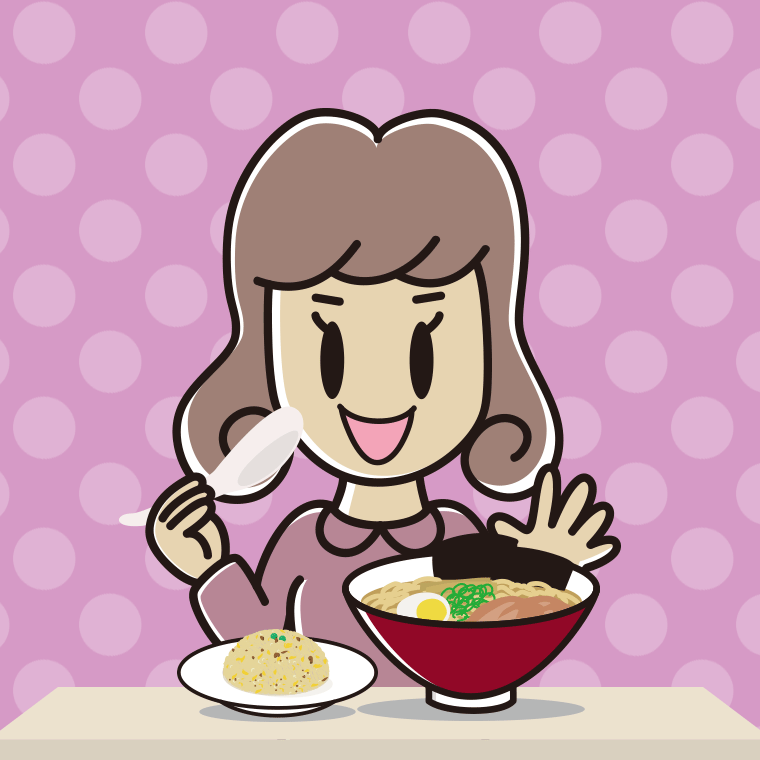 ラーメン・半チャーハンを食べる女子大学生のイラスト【色、背景あり】PNG