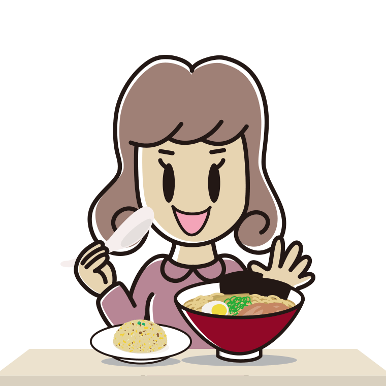 ラーメン・半チャーハンを食べる女子大学生のイラスト【色あり、背景なし】透過PNG