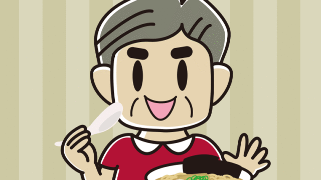 ラーメン・半チャーハンを食べるおじさんのイラスト【色、背景あり】PNG