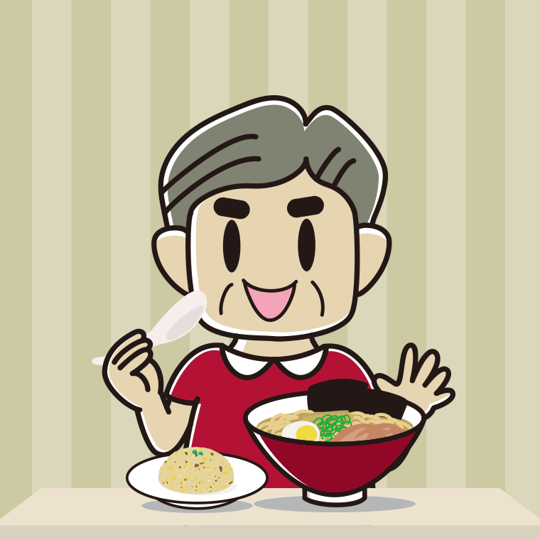 ラーメン・半チャーハンを食べるおじさんのイラスト【色、背景あり】PNG