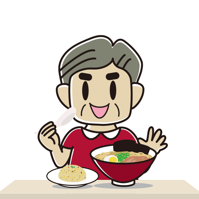 ラーメン・半チャーハンを食べるおじさんのイラスト【色あり、背景なし】透過PNG