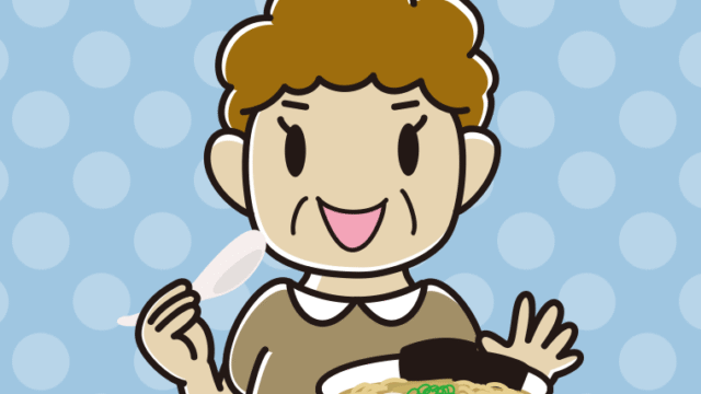 ラーメン・半チャーハンを食べるおばさんのイラスト【色、背景あり】PNG