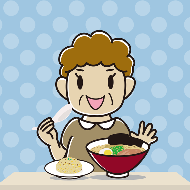 ラーメン・半チャーハンを食べるおばさんのイラスト【色、背景あり】PNG