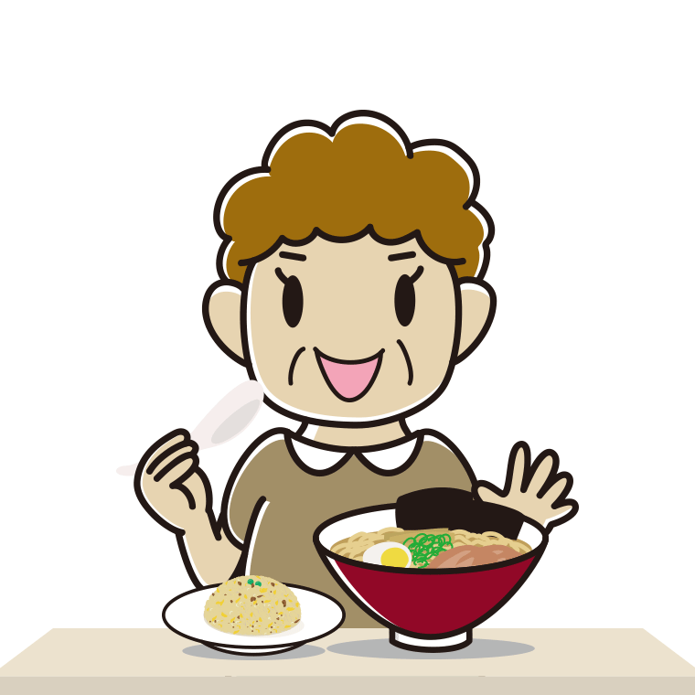 ラーメン・半チャーハンを食べるおばさんのイラスト【色あり、背景なし】透過PNG