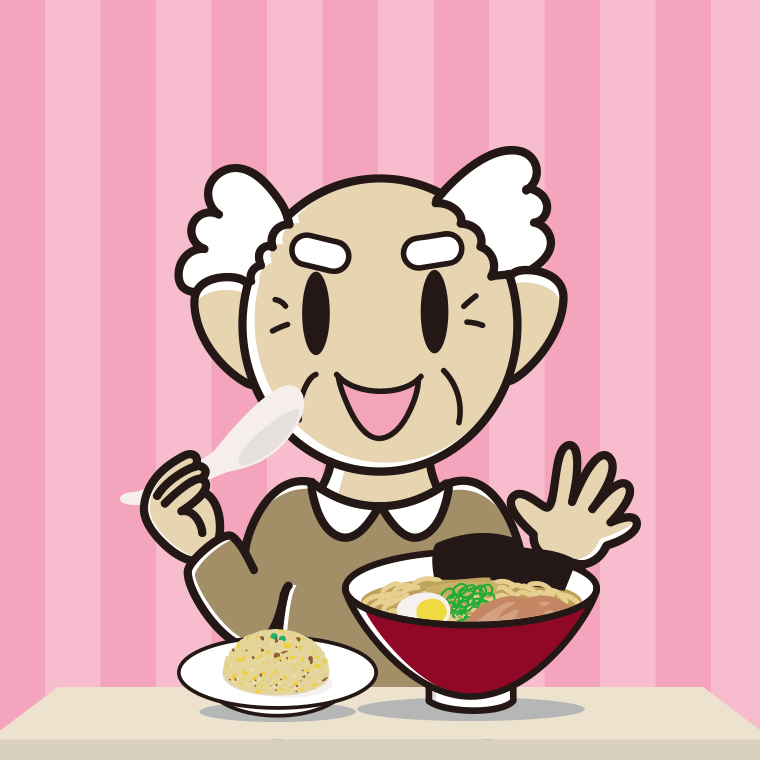 ラーメン・半チャーハンを食べるおじいさんのイラスト【色、背景あり】PNG