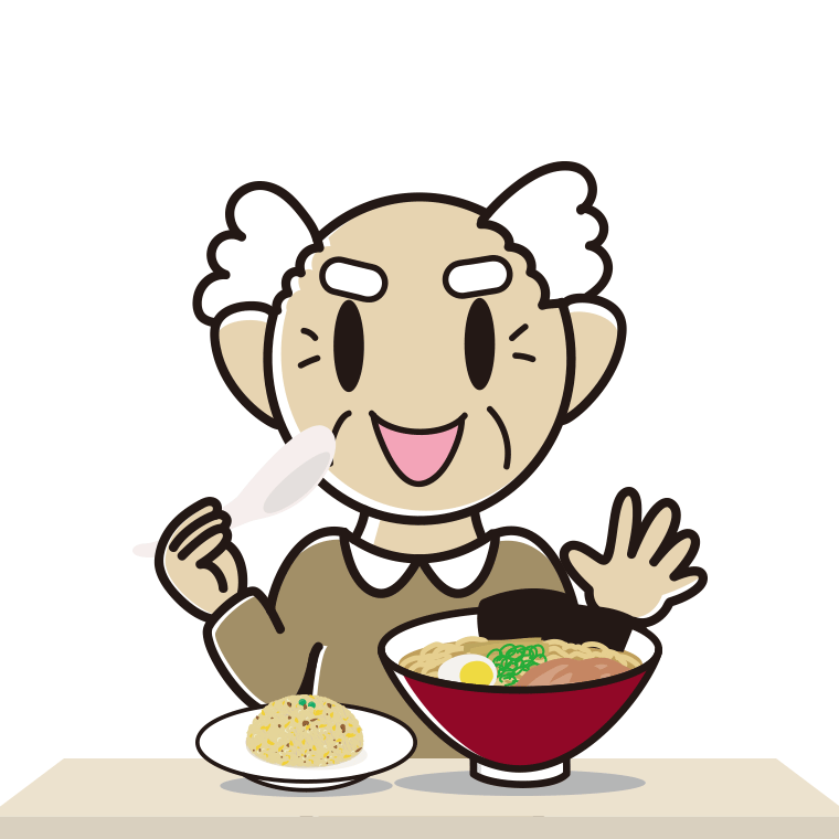 ラーメン・半チャーハンを食べるおじいさんのイラスト【色あり、背景なし】透過PNG