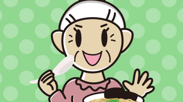ラーメン・半チャーハンを食べるおばあさんのイラスト【色、背景あり】PNG