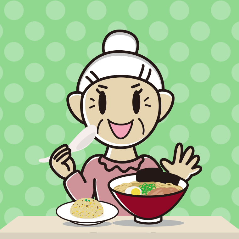 ラーメン・半チャーハンを食べるおばあさんのイラスト【色、背景あり】PNG
