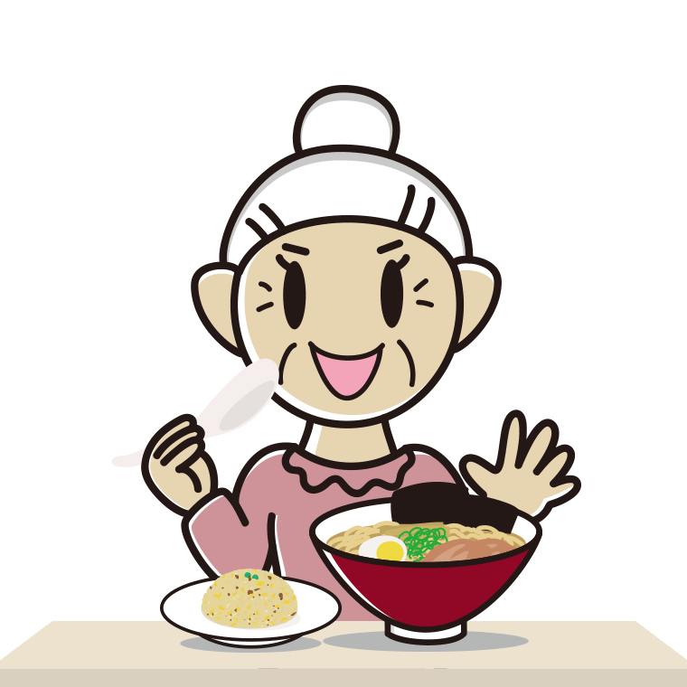 ラーメン・半チャーハンを食べるおばあさんのイラスト【色あり、背景なし】透過PNG