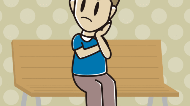 ベンチで考える男性のイラスト【色、背景あり】PNG