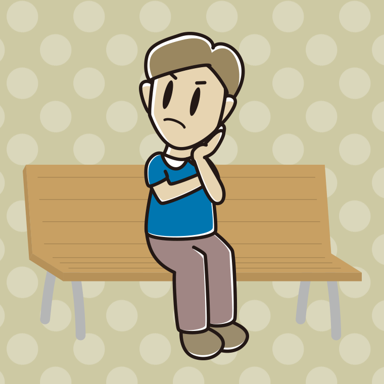 ベンチで考える男性のイラスト【色、背景あり】PNG