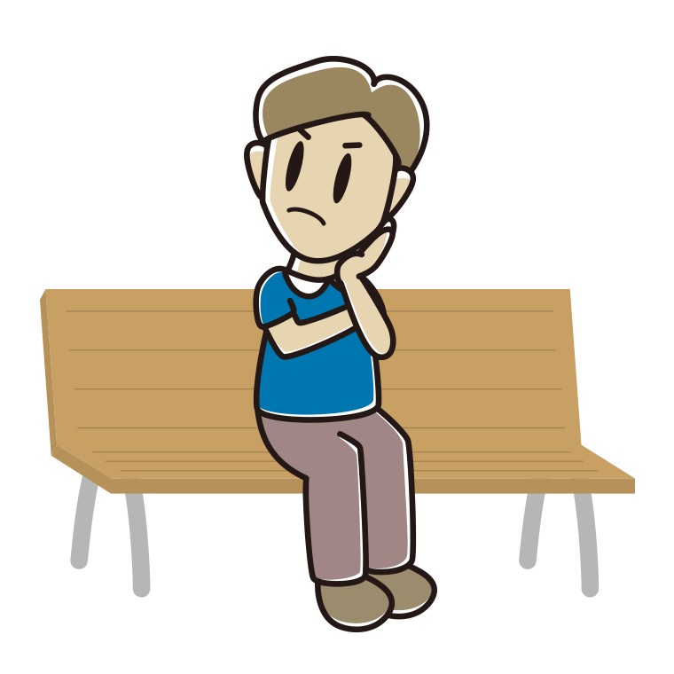 ベンチで考える男性のイラスト【色あり、背景なし】透過PNG