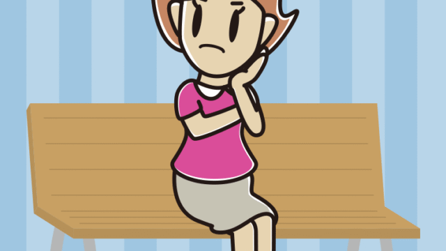 ベンチで考える女性のイラスト【色、背景あり】PNG