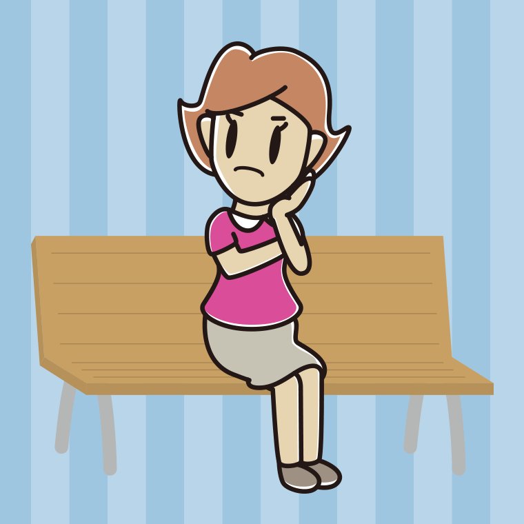 ベンチで考える女性のイラスト【色、背景あり】PNG