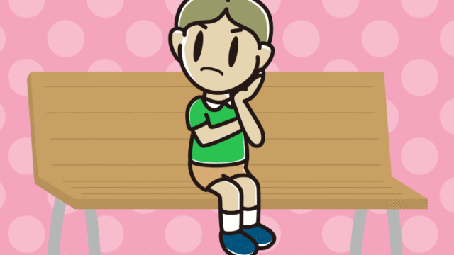 ベンチで考える小学生男子のイラスト【色、背景あり】PNG