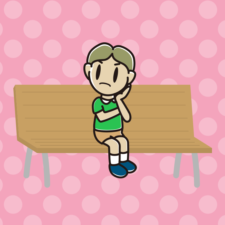 ベンチで考える小学生男子のイラスト【色、背景あり】PNG