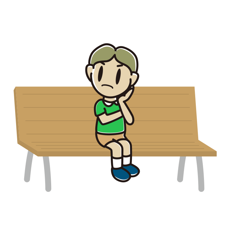 ベンチで考える小学生男子のイラスト【色あり、背景なし】透過PNG