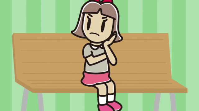 ベンチで考える小学生女子のイラスト【色、背景あり】PNG