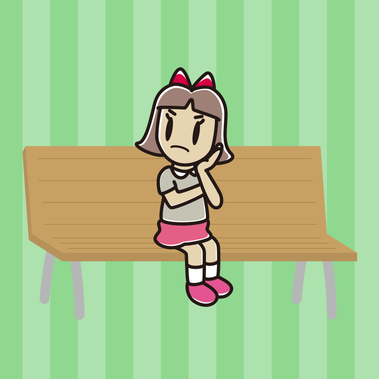 ベンチで考える小学生女子のイラスト【色、背景あり】PNG