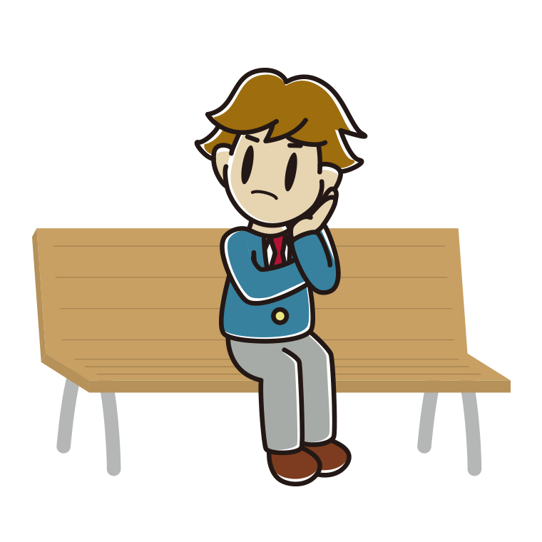 ベンチで考える男子高校生のイラスト【色あり、背景なし】透過PNG