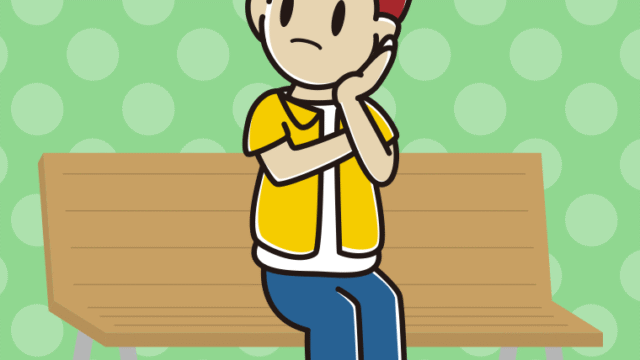 ベンチで考える男子大学生のイラスト【色、背景あり】PNG