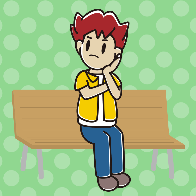 ベンチで考える男子大学生のイラスト【色、背景あり】PNG