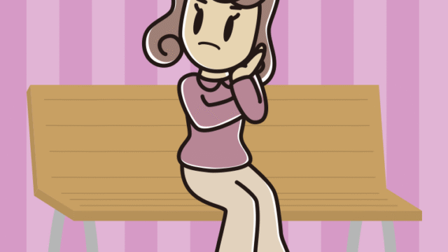 ベンチで考える女子大学生のイラスト【色、背景あり】PNG