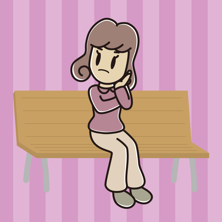 ベンチで考える女子大学生のイラスト【色、背景あり】PNG