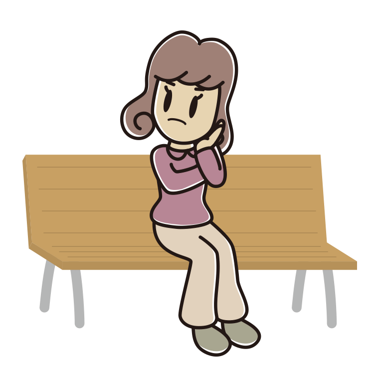ベンチで考える女子大学生のイラスト【色あり、背景なし】透過PNG