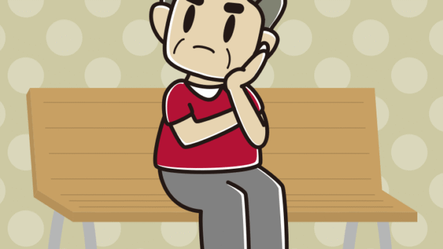 ベンチで考えるおじさんのイラスト【色、背景あり】PNG