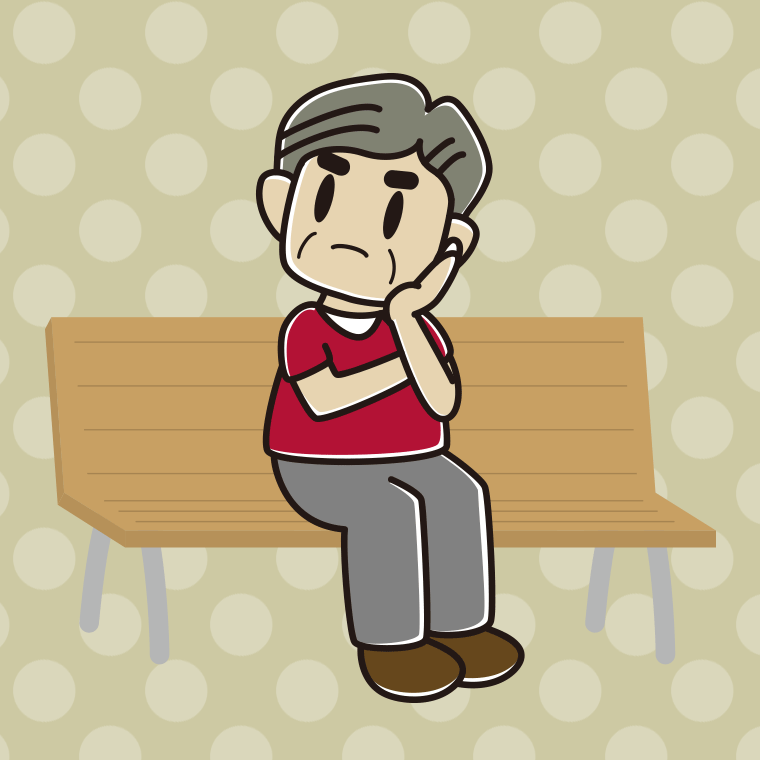 ベンチで考えるおじさんのイラスト【色、背景あり】PNG