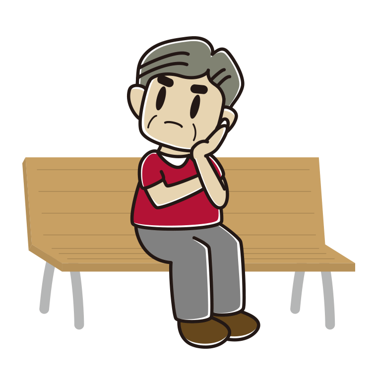 ベンチで考えるおじさんのイラスト【色あり、背景なし】透過PNG