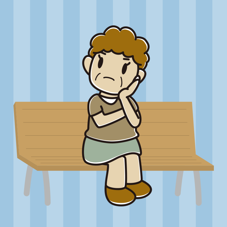 ベンチで考えるおばさんのイラスト【色、背景あり】PNG