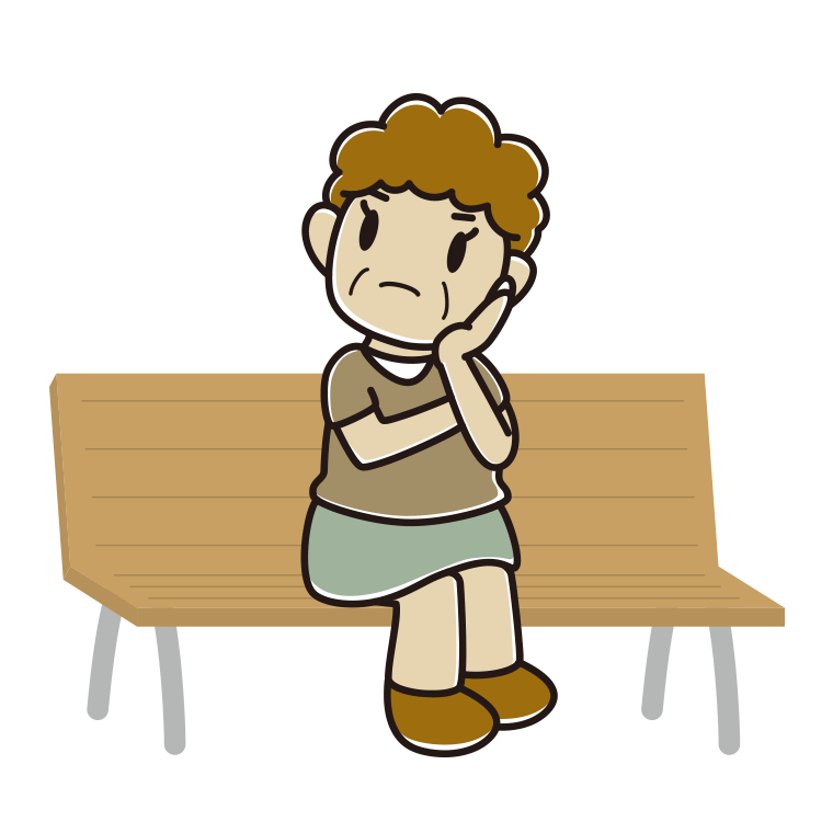 ベンチで考えるおばさんのイラスト【色あり、背景なし】透過PNG