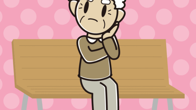 ベンチで考えるおじいさんのイラスト【色、背景あり】PNG