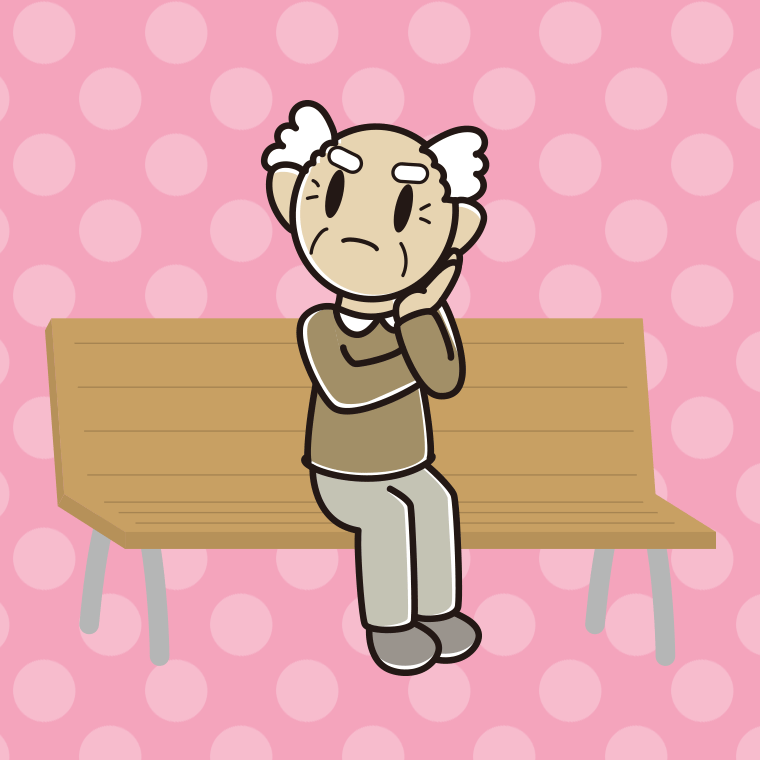 ベンチで考えるおじいさんのイラスト【色、背景あり】PNG