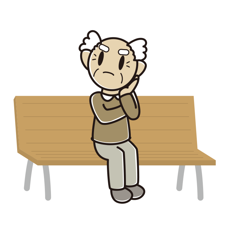ベンチで考えるおじいさんのイラスト【色あり、背景なし】透過PNG