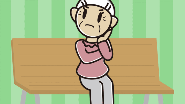 ベンチで考えるおばあさんのイラスト【色、背景あり】PNG