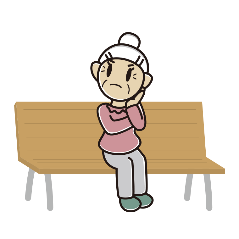 ベンチで考えるおばあさんのイラスト【色あり、背景なし】透過PNG