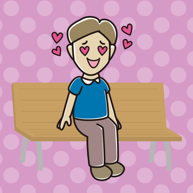 ベンチで目がハートの男性のイラスト【色、背景あり】PNG