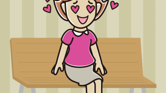 ベンチで目がハートの女性のイラスト【色、背景あり】PNG