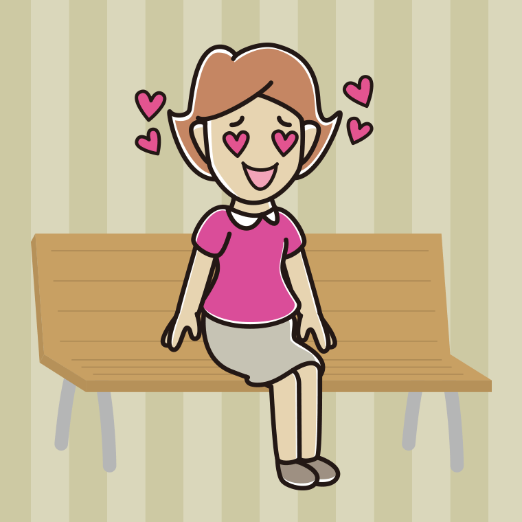 ベンチで目がハートの女性のイラスト【色、背景あり】PNG
