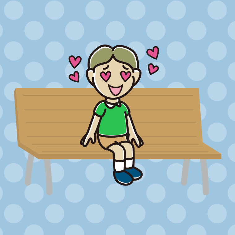ベンチで目がハートの小学生男子のイラスト【色、背景あり】PNG
