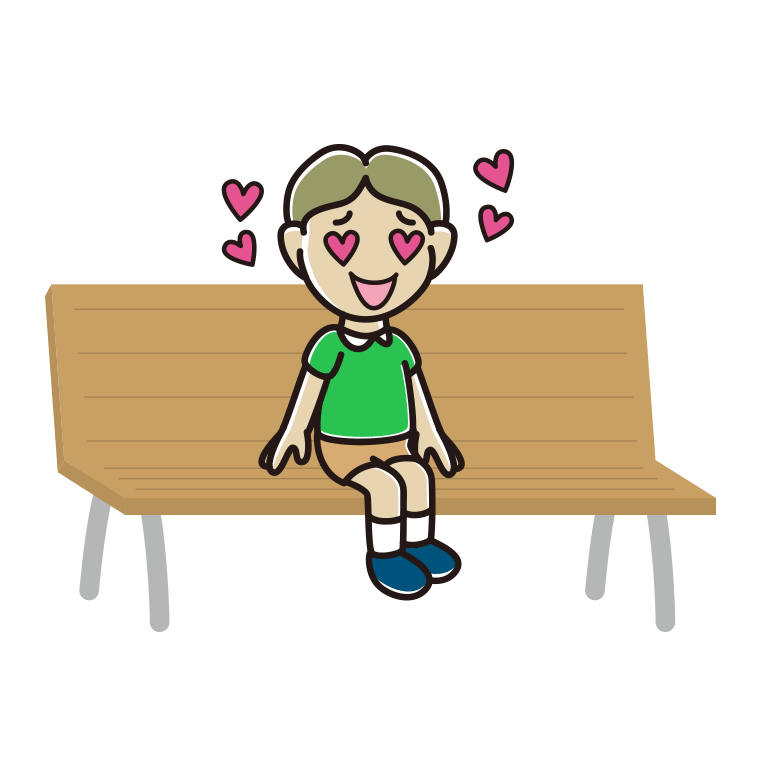 ベンチで目がハートの小学生男子のイラスト【色あり、背景なし】透過PNG