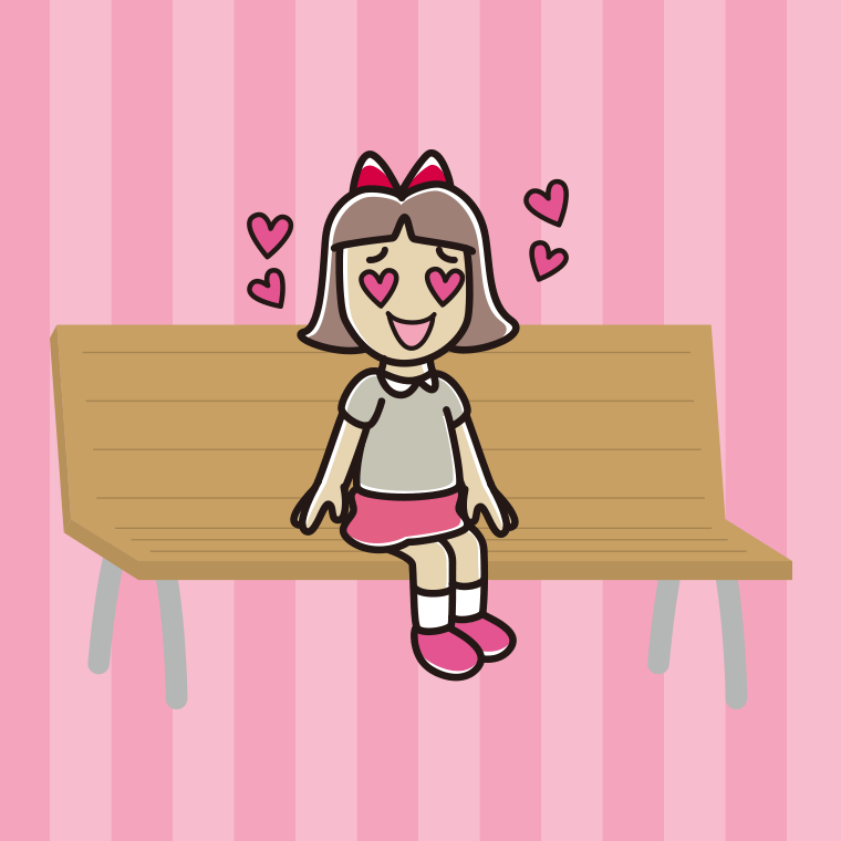 ベンチで目がハートの小学生女子のイラスト【色、背景あり】PNG