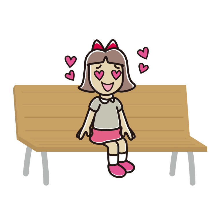 ベンチで目がハートの小学生女子のイラスト【色あり、背景なし】透過PNG