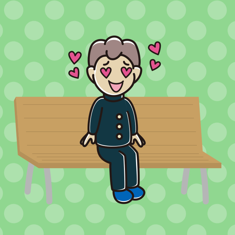 ベンチで目がハートの男子中学生のイラスト【色、背景あり】PNG